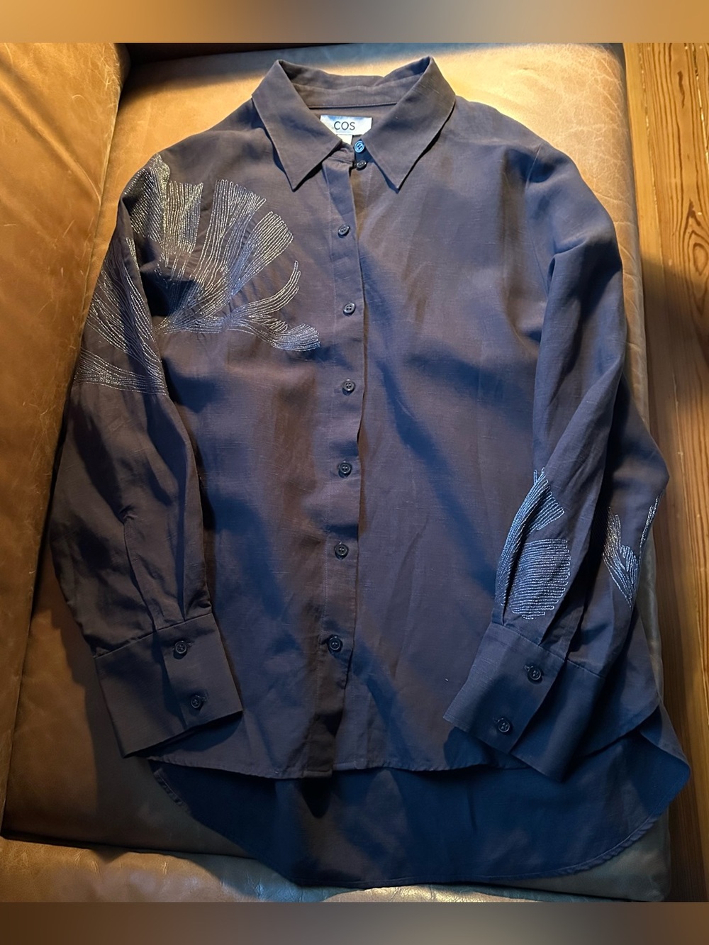 COS Oversized Navy Button-Down Floral Embroidered Shirt